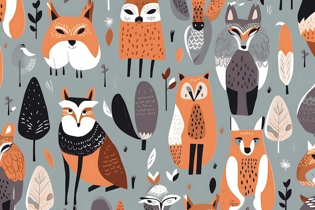 A pattern with a fox, fox, and other animals.