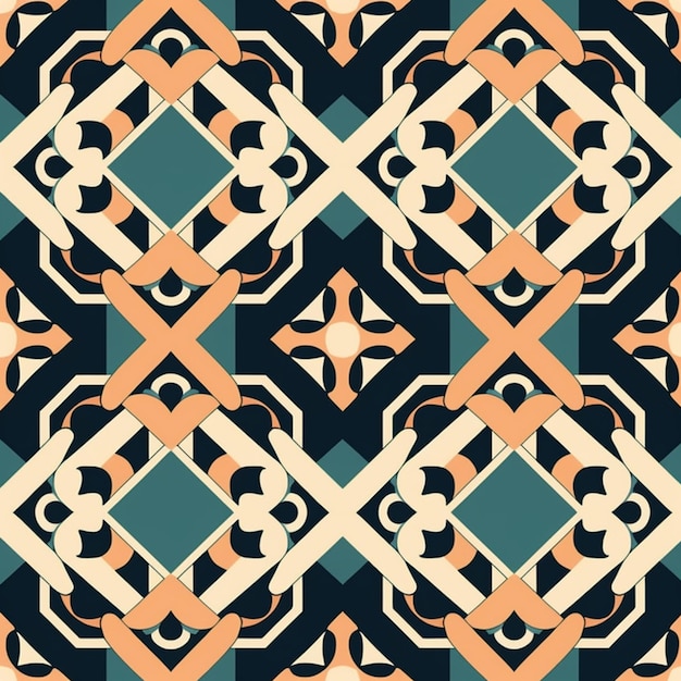 A pattern with a geometric design in orange, blue and green.