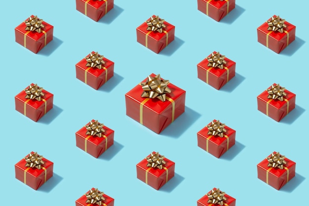 Pattern with gift boxes wrapped in red paper with gold ribbons on a light blue background