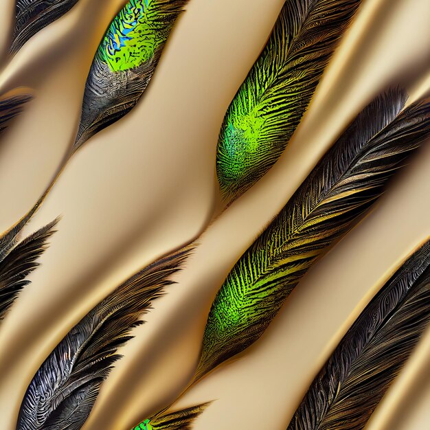 Photo a pattern with green and blue feathers with a yellow background.