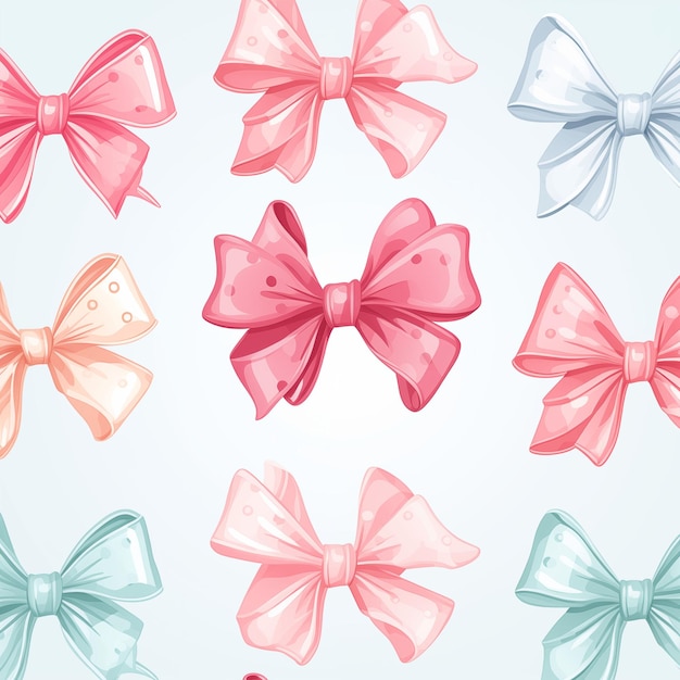 Photo pattern with group of pink and white bows on a white background generative ai