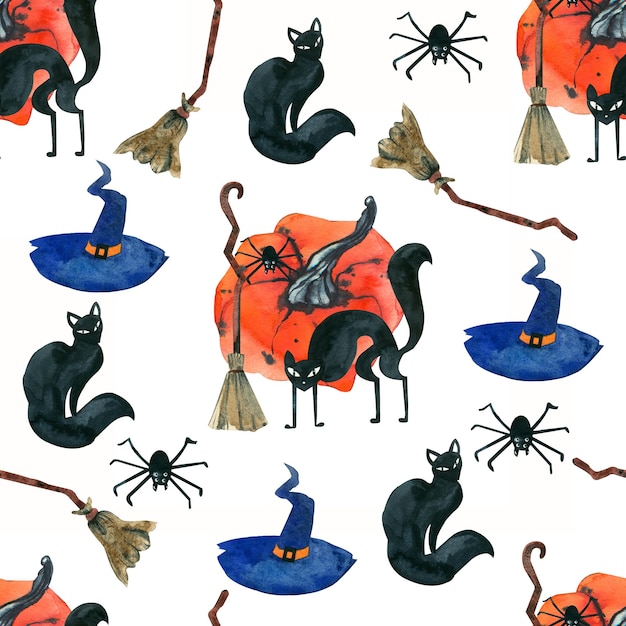 Pattern with Halloween elements pumpkin cats witch hats and brooms bats on a white background