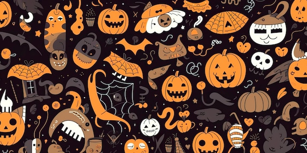 Pattern with a Halloween theme featuring spooky elements such as ghosts bats and witches Generative AI