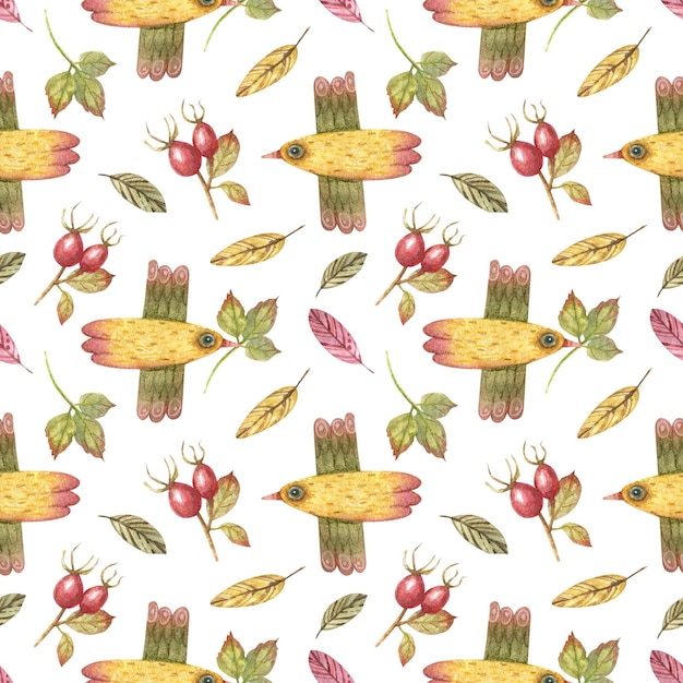 Pattern with illustration of decorative cute birds and colored feathers wild rose berries