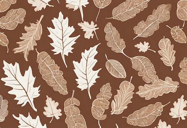 A pattern with leaves and acorns on a brown background