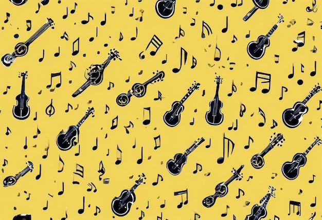 Photo a pattern with musical notes and instruments on a yellow background