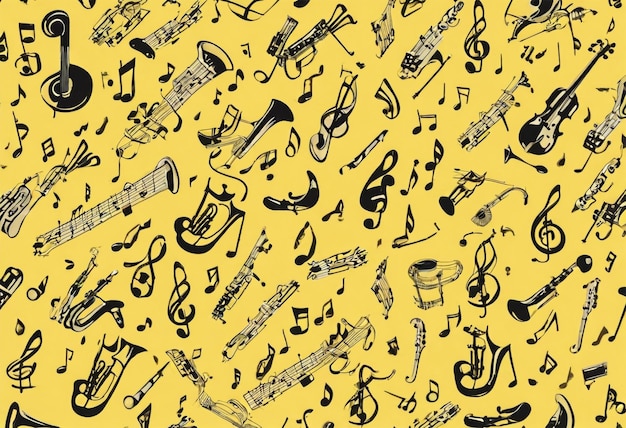 A pattern with musical notes and instruments on a yellow background