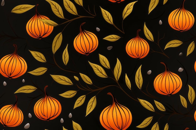a pattern with oranges and leaves on a black background