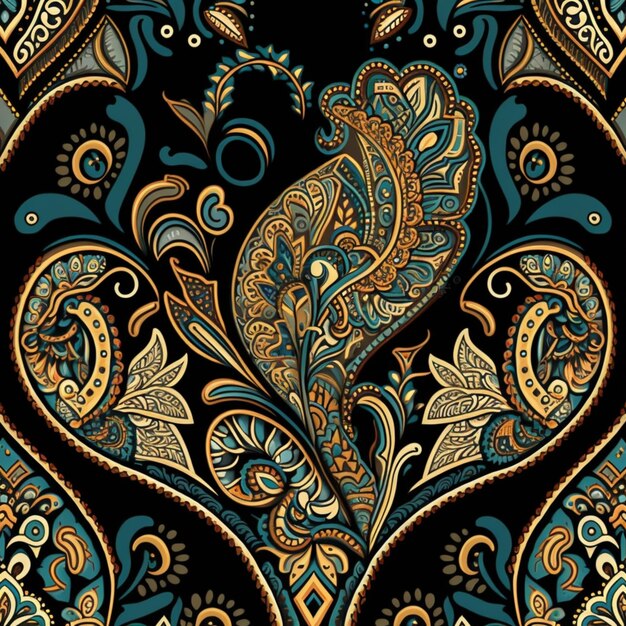 A pattern with a peacock on a black background.