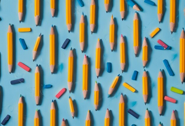 A pattern with pencils and erasers on a blue background