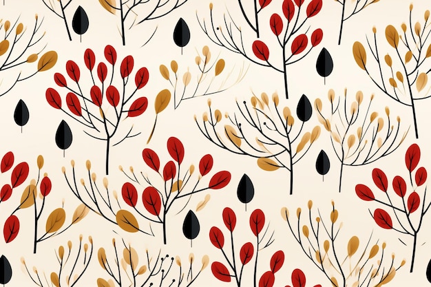 a pattern with red and black leaves on a beige background