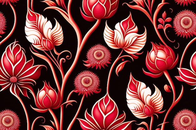 a pattern with red flowers and leaves.