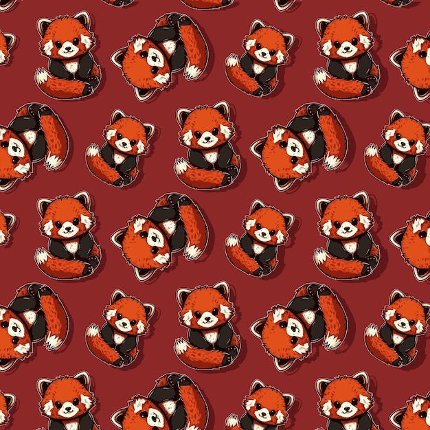 Pattern with red pandas on a red background