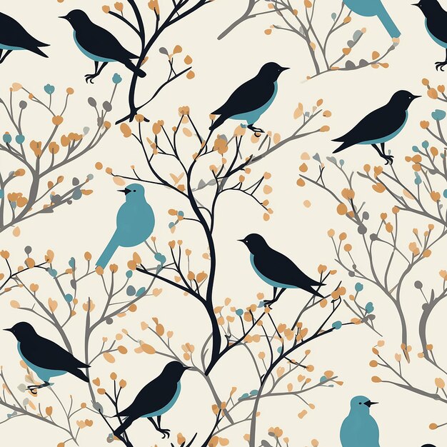 A pattern with repeated silhouettes of birds perched on branches evoking a sense of nature