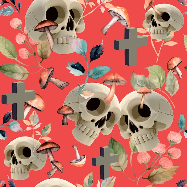 Pattern with skeletons of skulls in flowers Seamless fashion pattern Original Dia de Muertos desig