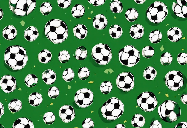 A pattern with soccer balls and goals on a green background