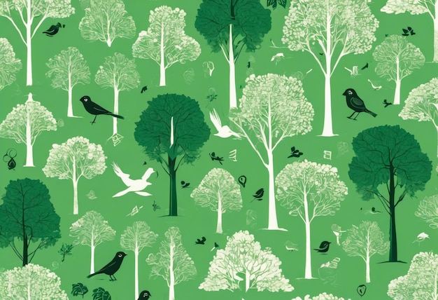 A pattern with trees and birds on a green background