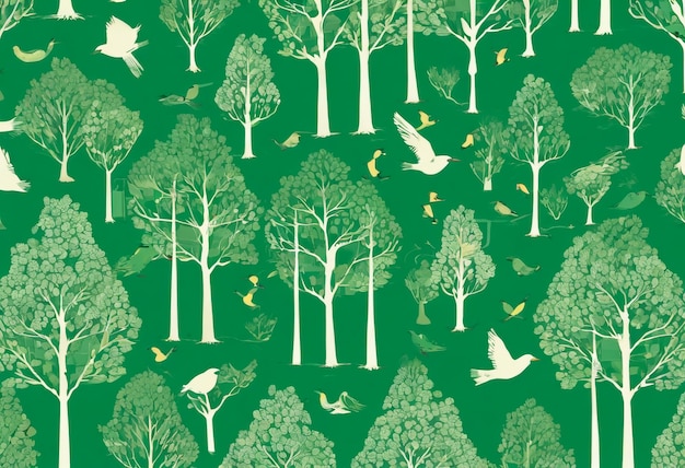 緑の背景に木や鳥が描かれたパターン
