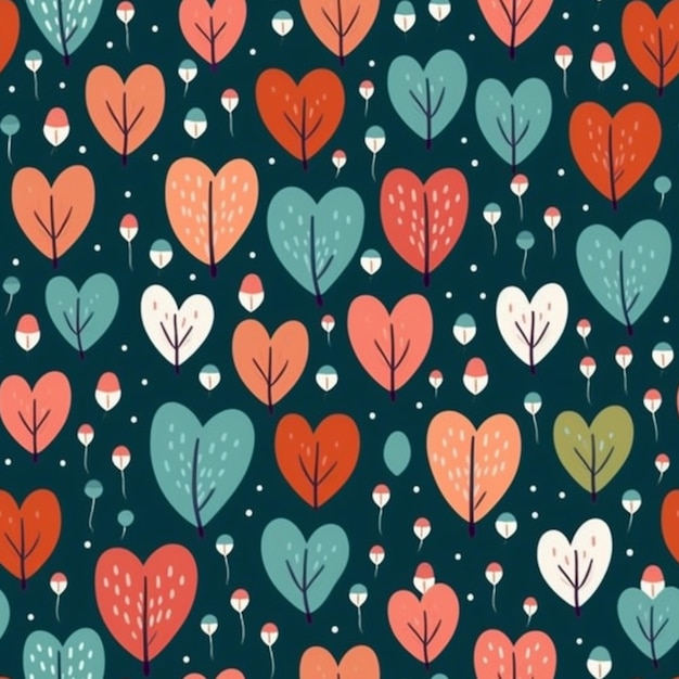 A pattern with trees and hearts on a dark background.