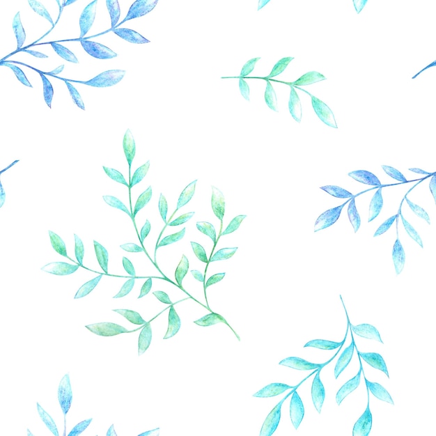 A pattern with twigs drawn with watercolor pencils highlighted on a white background