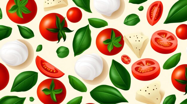 Фото Узор с различными ингредиентами для пиццы, такими как сыр моцарелла, базилик, чеснок и помидоры. генеративный ии.