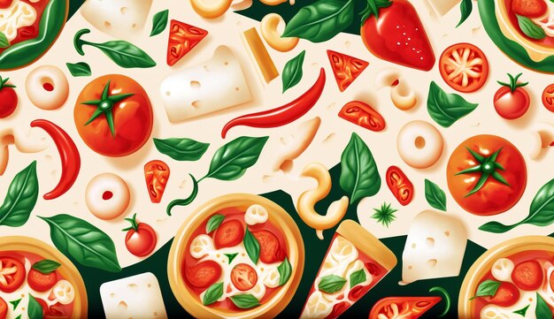 Photo pattern with various pizza ingredients like mozzarella cheese basil garlic and tomatoes generative ai