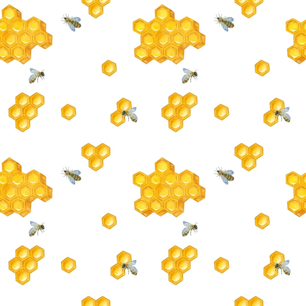 A pattern with a watercolor illustration of honeycombs and bees on a white background