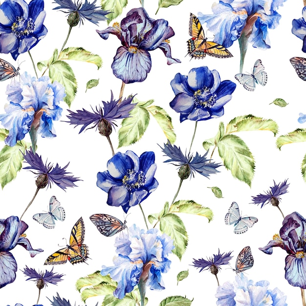 Pattern with watercolor realistic anemon cornflowers iris and butterflies