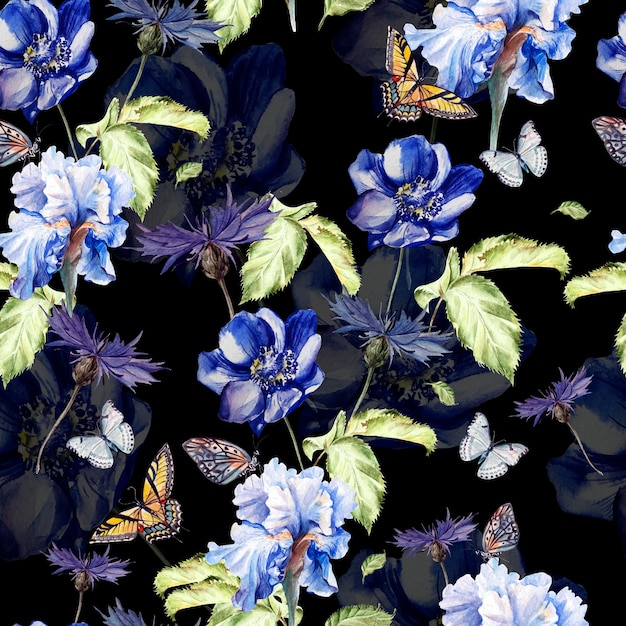 Photo pattern with watercolor realistic anemon cornflowers iris and butterflies