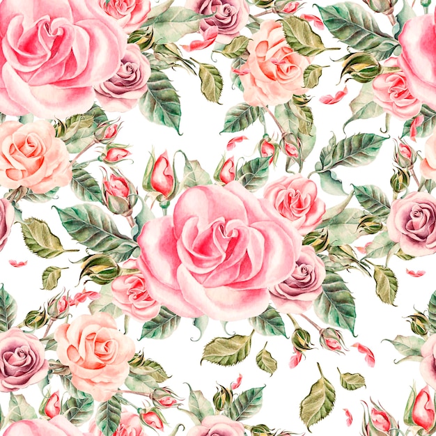 Pattern with watercolor realistic roses