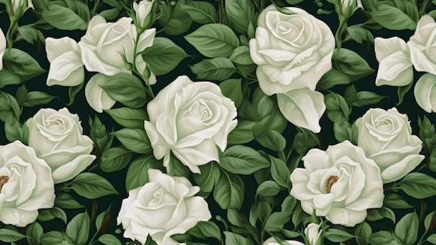 Pattern with white roses and green leaves