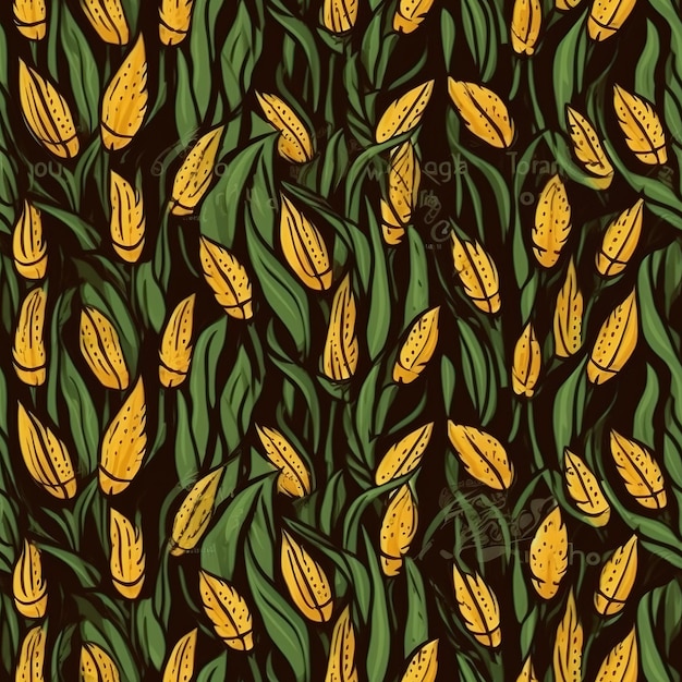 A pattern of yellow tulips on a dark background.