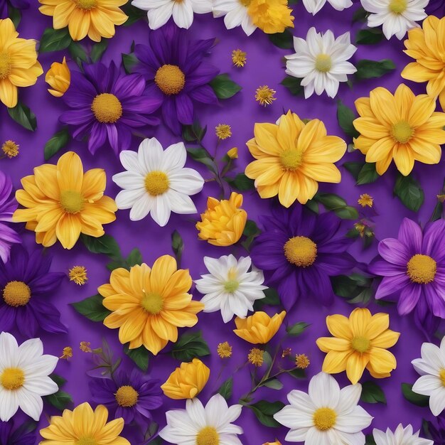 A pattern of yellow and white flowers on a purple background