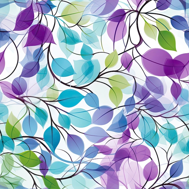 Patterned background with purple green and blue leaves tiled