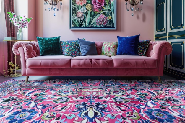 Photo patterned carpet in pink and blue living room interior with sofa against white wall with painting