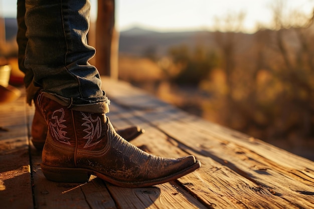 Patterned embroidered shoes against a rustic wild west landscape Closeup of a man in worn cowboy boots standing on a wooden floor overlooking a ranch