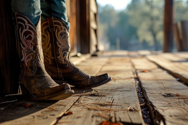 Foto scarpe ricamate con motivi contro un paesaggio rustico del selvaggio ovest closeup di un uomo con stivali da cowboy usurati in piedi su un pavimento di legno con vista su un ranch