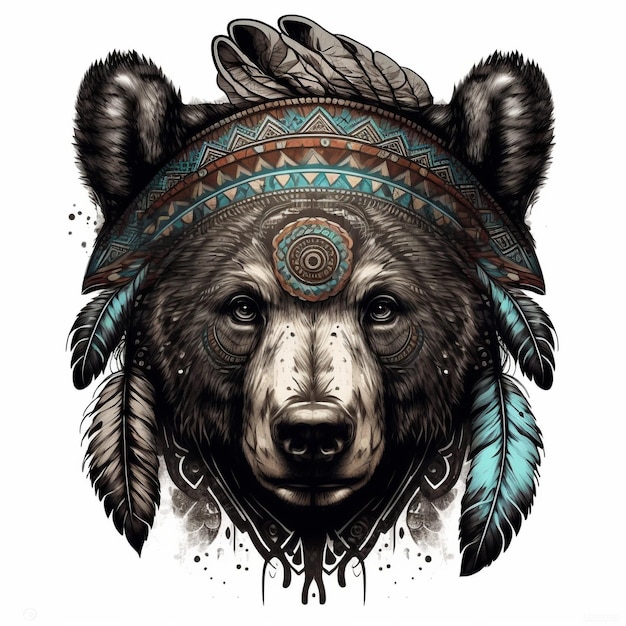 Photo patterned head of bear wearing indian tribal headband