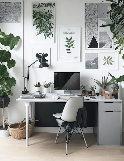 Плакаты с рисунком над столом с монитором компьютера в сером интерьере домашнего офиса с растениями