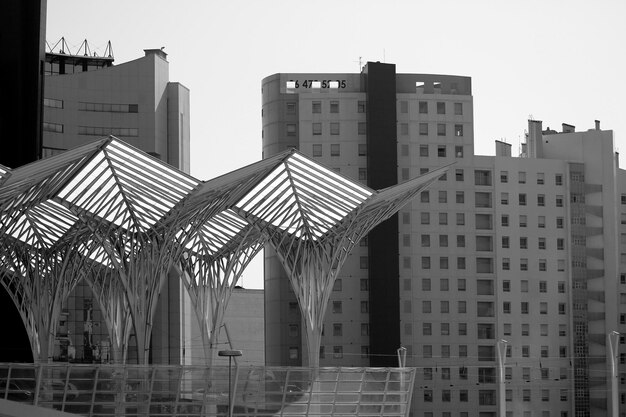 Patterned roof against buildings in city