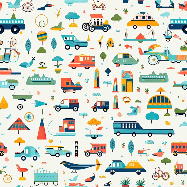 Photo patterns featuring different types of transportation cars planes bicycles