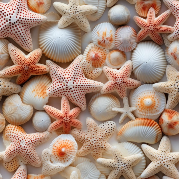 Patterns formed by overlapping seashells and starfish