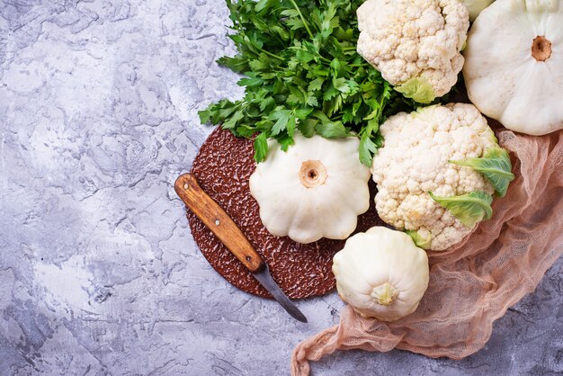 Pattypan squash and cauliflower. Selective focus