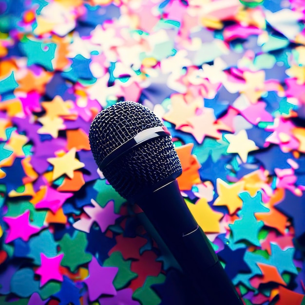 Paty background of colorful star shaped confetti with microphone