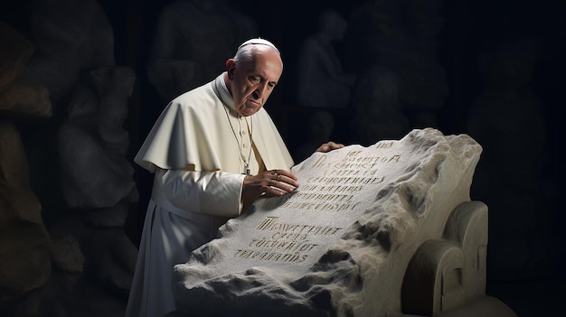 Paus Franciscus schrijft de tien geboden in steen.