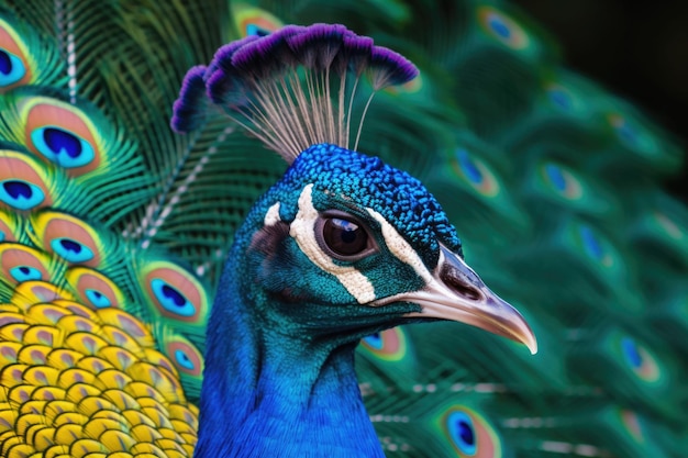 Pauw met open staart Close-up shot van een pauwen kleurrijk verenkleed Generatieve AI
