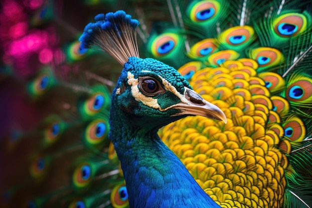 Pauw met open staart in metallic kleuren Close-up shot van een pauwen kleurrijk verenkleed Generatieve AI illustratie