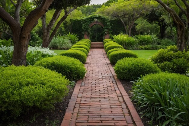 Paved path winding through lush garden