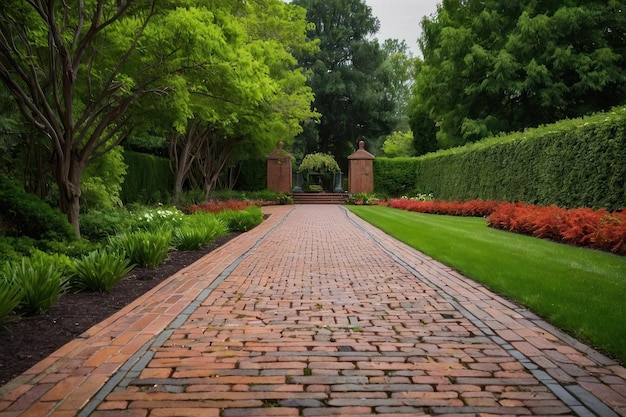 Paved path winding through lush garden