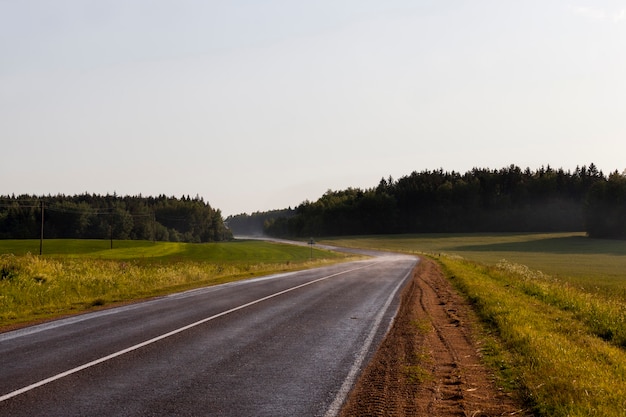 Paved road for the movement of various vehicles, an old road with defects on the asphalt